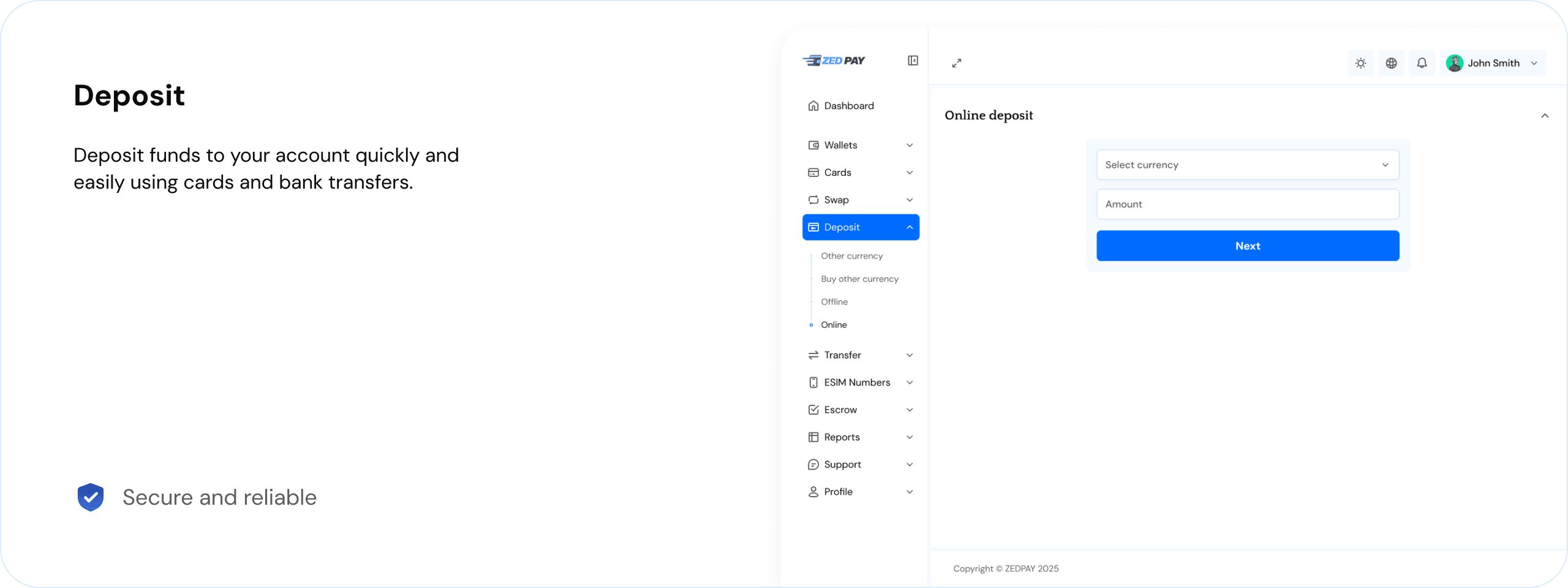 Desktop Dashboard UI demo: deposit