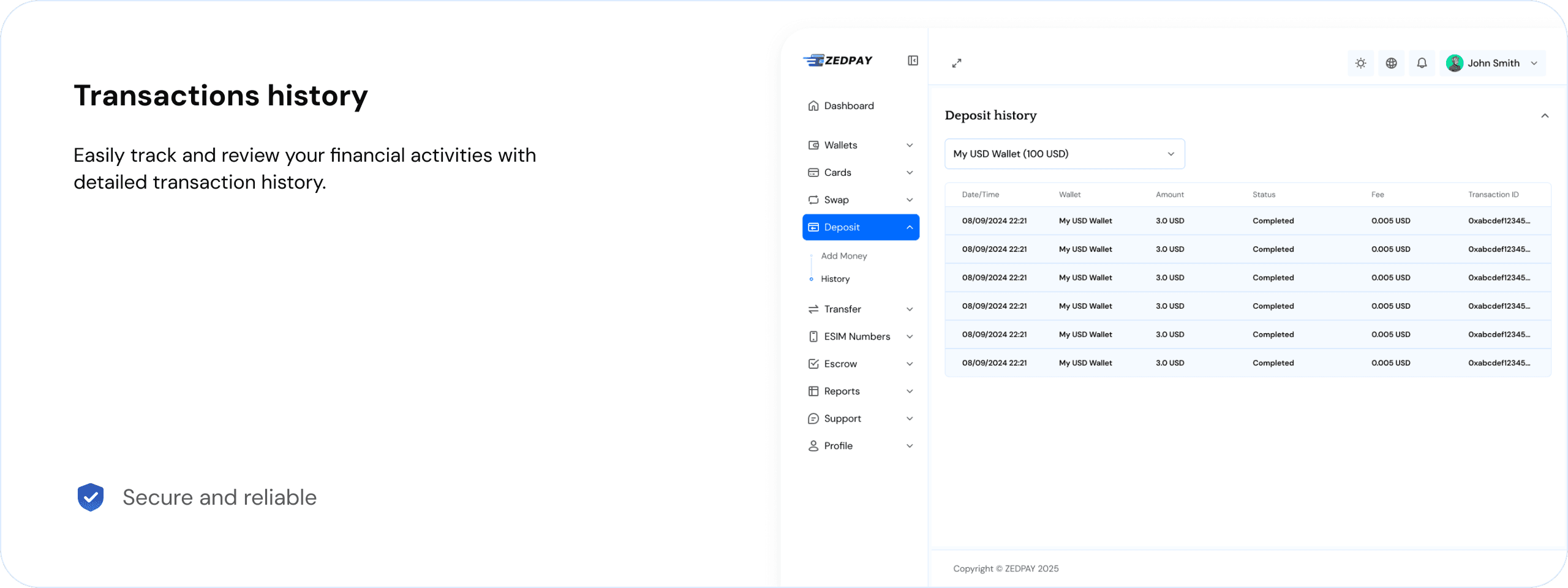 Desktop Dashboard UI demo: Transactions history